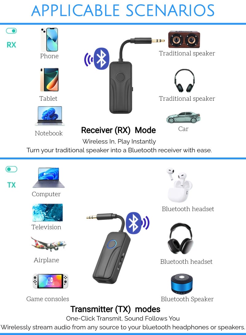  أورا سيليكت جهاز إرسال واستقبال صوت Bluetooth 6.0 بلوتوث 6.0 2 في 1، محول Aux مقاس 3.5 مم، وصلة مزدوجة، بطارية 18 ساعة، للتلفزيون/جهاز كمبيوتر شخصي/سيارة إلى سماعات رأس/مكبرات صوت لاسلكية - Image 2